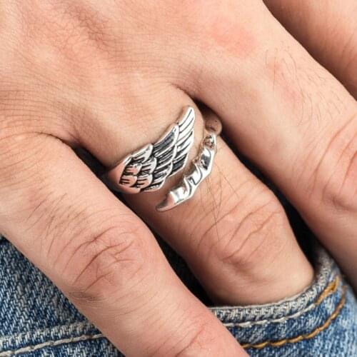 Punk Diameter 16mm Tibetan Silver Tail Ring For Men Angel Wing Open Ring Fashion Feather Shaped Finger Jewelry