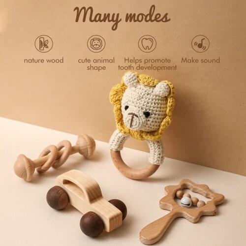 Lets Make 4pcs/set Wooden Rattle Sets Cartoon Animal Crochet Rattle Wood Car Block Soother Teether Set Montessori Toddler Toy