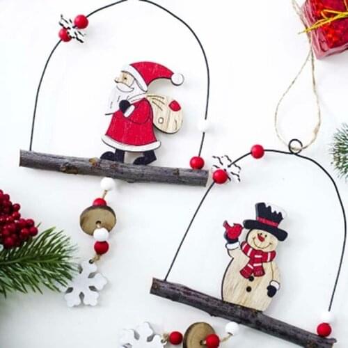 Metal Wood Lantern Shape Hanging Decoration Christmas Tree Decor Standing Santa Claus Snowman Door Pendant Red Bead Party Supply