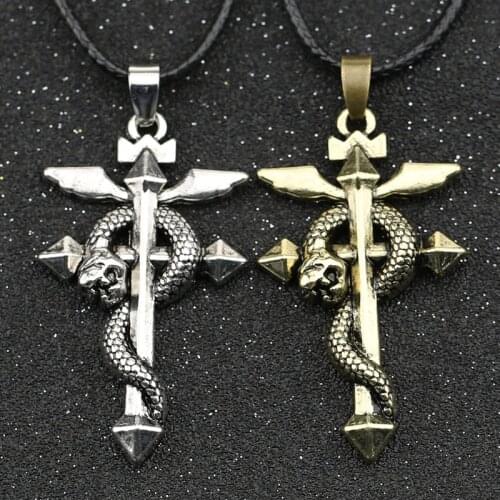 Fullmetal Alchemist Necklace Full Metal Cross Snake Edward Elric Logo Asclepius Pendant Gothic Vintage Anime Jewelry Wholesale