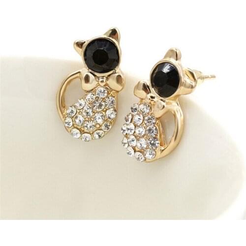 Fashion Brinco Pequeno Cute Cat Ear Stud Earrings Lady Elegant Crystal Rhinestone Jewelry Gift For Women
