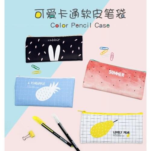 Cute fruit cartoon zipper pencil bag hipster student PU pencil bag waterproof soft leather pencil box school supplies storage