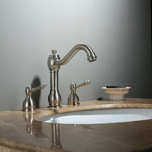 MJEBM 3 Hole Basin Faucet Bathroom Sink Faucet Deck Mounted Dual Handle Hot Cold Water Mixer Tap Brush Nickel Chrome Finished