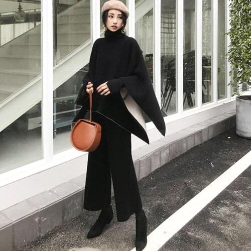SMTHMA 2021 New Winter Two Pieces Set Warm Turtleneck Loose Cloak Coat +High Waist Woolen Wide Leg Pants Suit