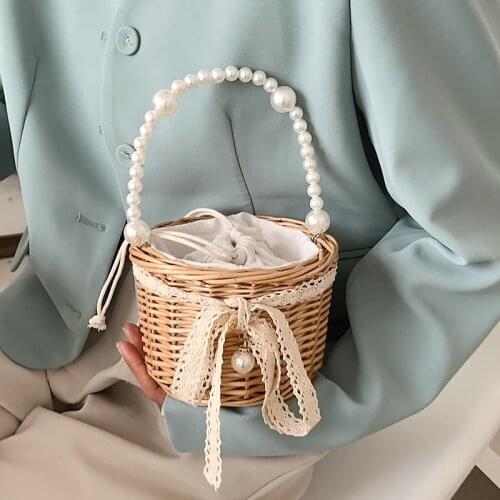 Summer Small Lady Bag 2021 Korean Style Pearl Rattan Bag Willow Bag Portable Pearl Bag Versatile Grass Woven Handbag