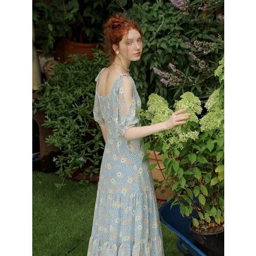 Super Sensen Series Daisy Printed Cake Skirt French Square Neck Split Bubble Sleeve Length Waist Slim Dress