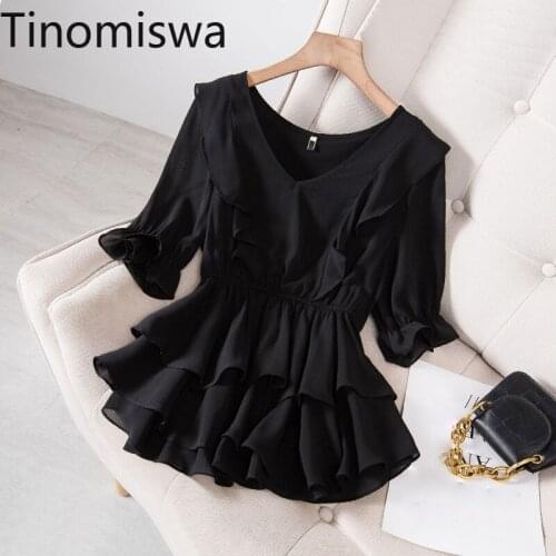 Tinomiswa Ruffle Patchwork Oversized T Shirt Women O Neck Short Sleeve Tops Slim Waist Unicolor All-match Plus Size 4XL Shirts