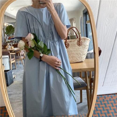 Blue Cotton Summer Dress Women korean Loose Oversized Long Dress Short Sleeve Casual Party Dress Vintage Midi Length 2021