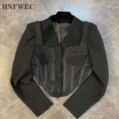 2020 Autumn New Arrivals Long Sleeve V Neck Lace Patchwork Slim Short Coat Women Crop Jacket Streetwear K450