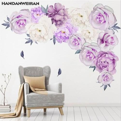 2PCS 1 set Purple Rose Peony Wall Sticker Living Room Bedroom Elegant Home Background Decorative Mural 30*60CM