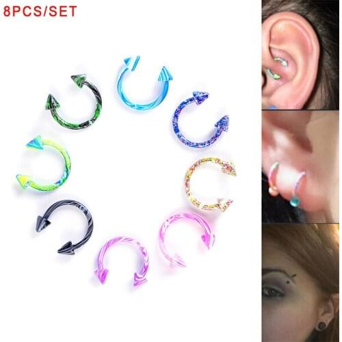 8Pcs/Set Colorful Stainless Steel Nose Ring Piercing Horseshoe Spike Septum Piercing Eyebrow Tragus Helix Pircing Lip Piercing