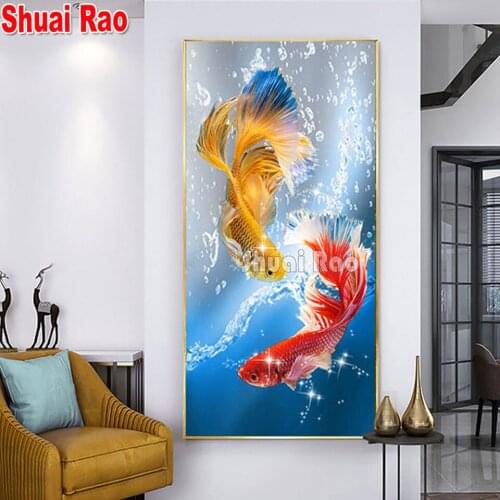 5d Large Size cross stitch diamond embroidery Koi Fish diy diamond painting couple full square round drill mosaic Aniaml art
