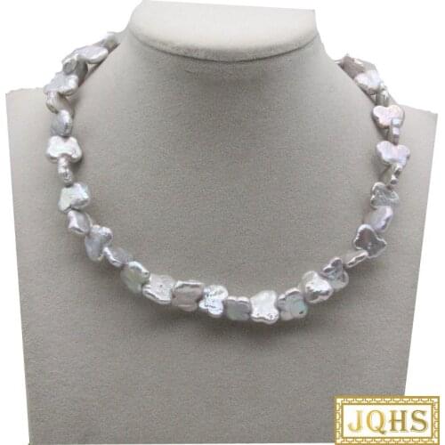 Baroque 16.5" 14mm coin fastener butterfly Gray pearls necklace 18KGP Clasp c35 chain jewelry