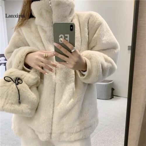 Beige Stand Collar Short Faux Fur Coat New Winter Warm Plush Womens Jacket Korean Elegant Zipper Furry Outwear