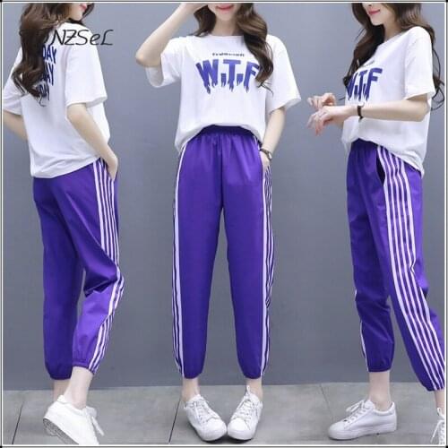 Summer Women Tees Pants 2 Two Piece Sets Casual Short Sleeve T Shirt Suits Girl Joggers Streetwear Trousers Sets White Tops New