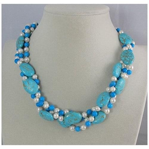 Unique Pearls jewellery Store,3rows Blue Turquoise White Freshwater Pearl Necklace,Charming Women Gift Jewelry