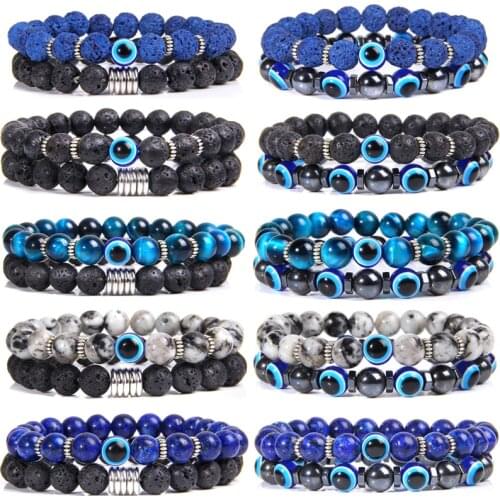 Natural Lava Stone Bracelets Set Women Prayer Yogo Mala Jewelry Vintage Elastic Double Chain Jewelry Men Tiger Eye Stone Pulsera