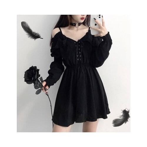 Ruibbit New Arrival Gothic Girls Dresses Hollow Out Sexy Slim Women Dresses Long Sleeve Off The Shoulder A Line Black Punk Dress