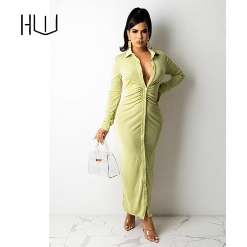 Long Sleeve Single Breasted Button Up Long Shirt Dress V-Neck Skinny Autumn Sexy Dresses Lapel Bodycon Slim Maxi Dress Overrall
