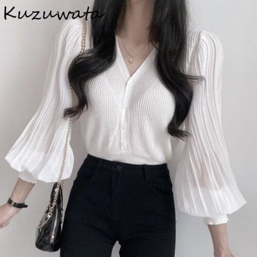 Kuzuwata V-neck Lantern Sleeve Single Breasted Chic Pleated Thin Slim Cardigan Knitted Tops Autumn 2021 New Women Sweater