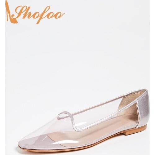 Clear Flats Women Metallic finish Heels Big Size 11 15 Lady Casual Shoes Slip On Loafers Round Almond Toe Fashion Concise Shofoo