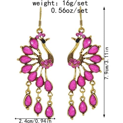 Peacock Shaped Pendant Earrings Vintage Bohemian Ethnic Style Exaggerated Fashion Trend Inlaid Rhinestone Jewelry Accessories