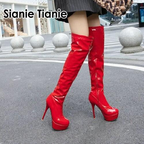 Sianie Tianie 2020 new platform extreme thin high heels boots patent pu leather white red black women over the knee high boots