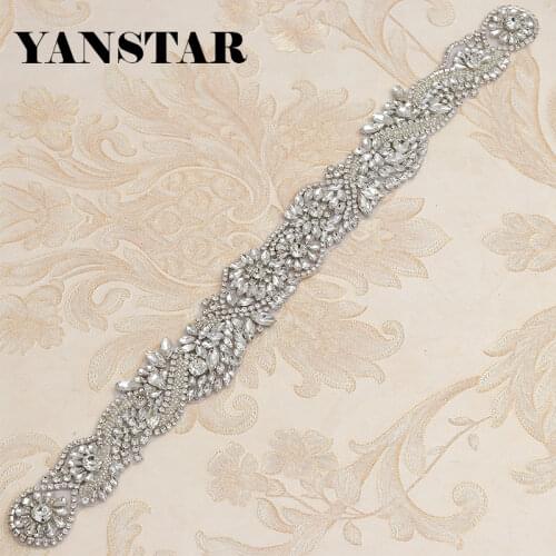 YANSTAR 1Pcs Handmade Bridal Rhinestones Applique 47.5*4.8CM For Wedding Belt Rose Gold Crystal YS802