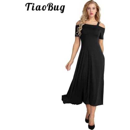TiaoBug Fashion Summer Cold Shoulder Short Sleeves Solid Color A-line Stretchy Dance Competition Party Long Women Ballroom Dress