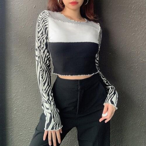Color Block Striped Splicing Crop Top Women Ladies Trendy Long Sleeve Round Neck Slim Casual Fashion Shirt for Daily Wear