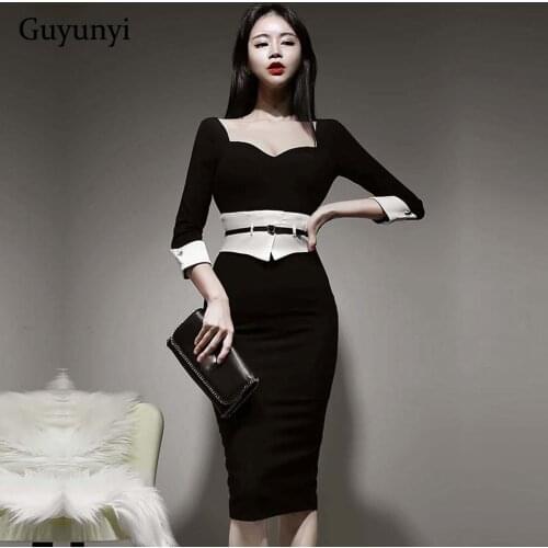 Black Office Lady Dress 2021 Spring Square Collar 3/4 Sleeves White Decorative Stitching High Waist Tight Elegant Party Dress