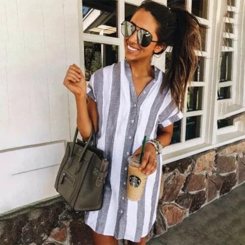 Women Bohemian Gray Striped Printed Dress Short Sleeve Stand Collar Straight Mini Beach Dress 2021 Summer Fashion Women Dress