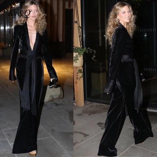 2020 Spring Autumn New Design Black Velvet Jumpsuit Casual V-Neck Elegant Sexy Women Long Sleeve Jumpsuit Wide Leg Pants