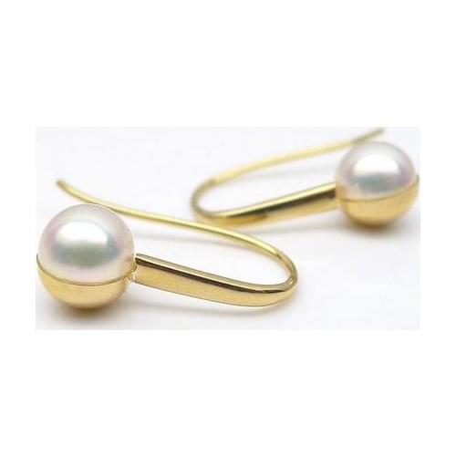 5.8mm AAA Round Genuine Akoya White Pearl Drop Earrings 18K Solid Yellow Gold