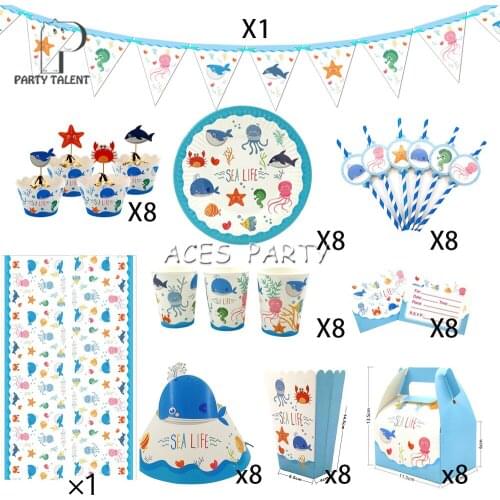 74Pcs for 8kids Sea Life Marine Animals theme birthday party supplies tableware set, plate+straw+glass+candybox+caps ect