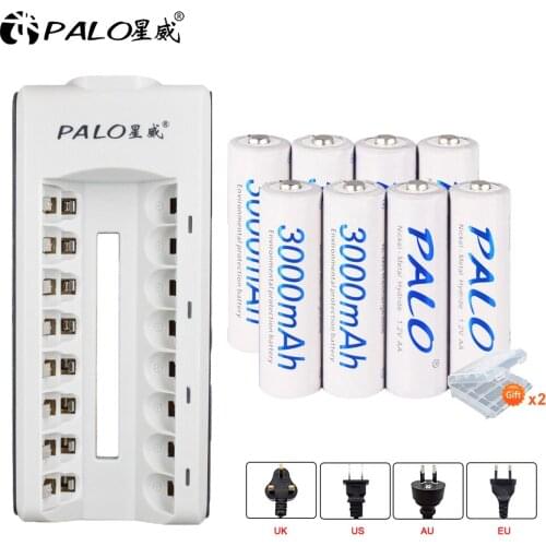 8pcs 3000m AA rechargeable battery + 8 slots fast LED light smart battery charger for NI-MH nimh ni mh aa 2A aaa 3A US EU AU UK
