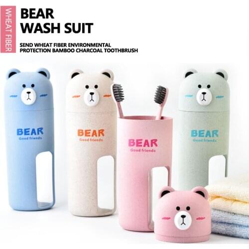 Accessories Case Cartoon Cute Bear Outdoor Household Washing Cup Set With 2Toothbrush Travel Holder Portable Storage Wheat Fiber