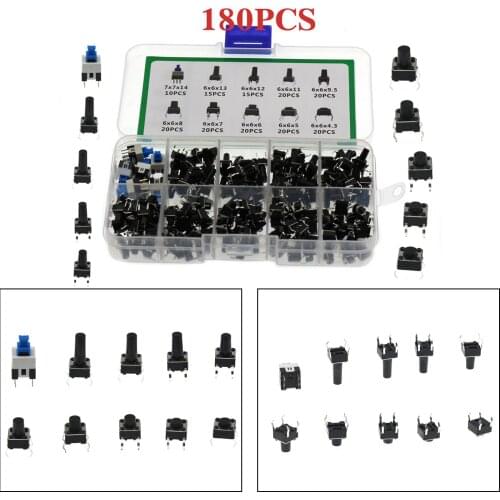 Artudatech 180 Pcs 10 Values Tactile Push Button Switch Micro Momentary Tact Assorted Kits