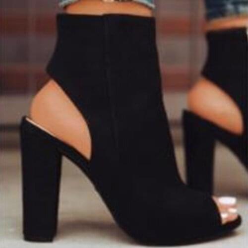 Ankle Boots Faux Suede Leather Casual Open Peep Toe High Heels Zipper Fashion Square Rubber Black Shoes for Women Plus Size 43