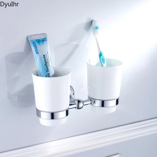 DyuIhr simple bathroom copper material electroplating chrome color wall-mounted double cup mouthwash cup storage rackries