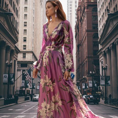 Elegant Style Fairy Kimono Dresses Summer New Flower Printing V-Neck Lantern Sleeve Slim Chiffon Thin Japanese Style Long Dress