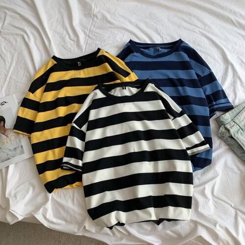 Korean mens stripe full match T-shirt summer casual oversized basic T-shirt harayuku ulzzang short sleeve T-shirt