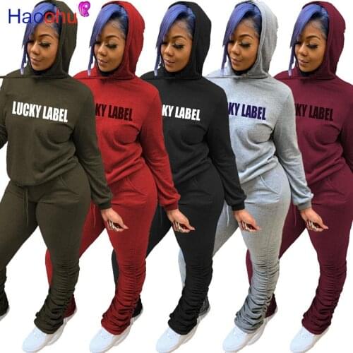 HAOOHU Lucky Label Tracksuit 2pcs Women Set Hooded Top Sweatshirt+Stacked Pants Two Pieces Sets Women Clothing Suits Female