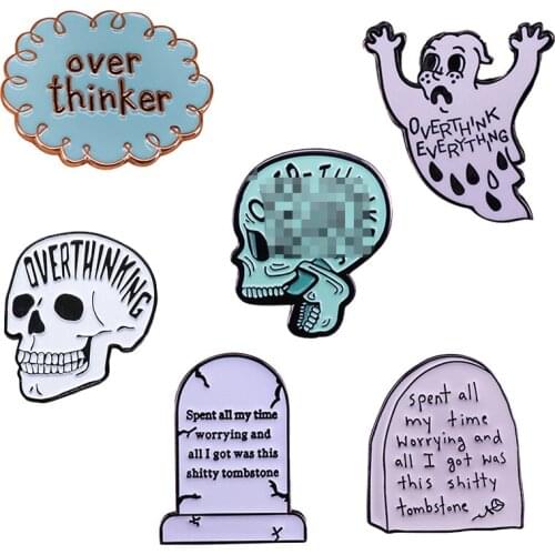 Overthinking Anxiety Enamel Pin Tombstone Worrying Ghost Badge Mental Health Jewelry