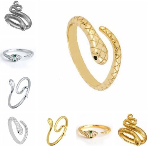 Plated 24K Gold/925 Silver Snake Resizable Ring Adjustable Animal Rings for Women Rock Punk Party Jewelry Gift