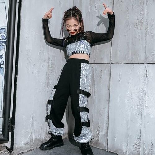 Girls Stage Performance Costumes Silver Sequins Long Sleeve Jazz Dance Clothing Hip Hop Street Dance Competition Clothes YS1294