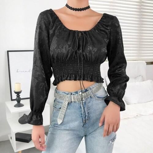 Trendy fashion cross-border womens hot sale dark black waist long sleeve lace-up top T-shirt 2020