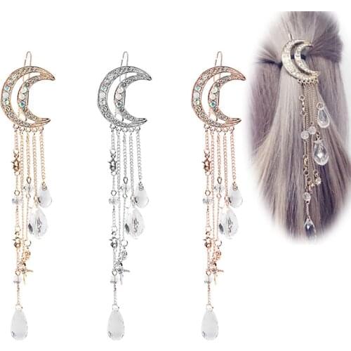 Fashion Elegant Girls Moon Tassel Hair Clip Long Tassel Crystal Dangle Hairpin Fashion Beads Pendant Barrettes Styling Tools