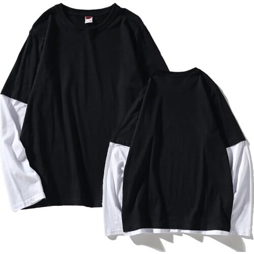Oversized Mens Clothing 2021 Autumn Casual Fashion T-Shirt Fake Two Pieces Splicing O Neck Long Sleeve Top Plus Size M-5XL