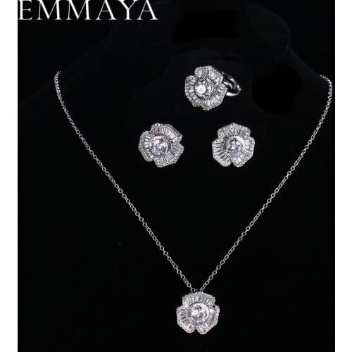 EMMAYA Micro Inlay Zircon Flower Jewelry Sets For Women Gold-Color Copper Necklace Earrings Ring Set Wedding Bijoux